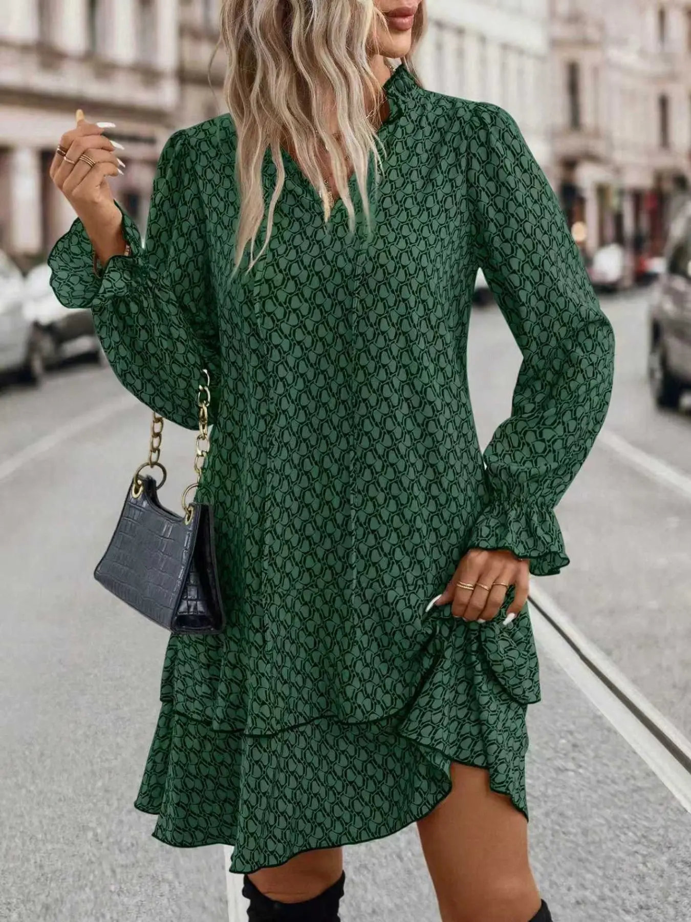 2026 New Autumn Winter Collection, Full Body Printed Trumpet Sleeves, Ruffled Edges, V-Neck, Long Sleeved Dresses, Feminine Casual Style