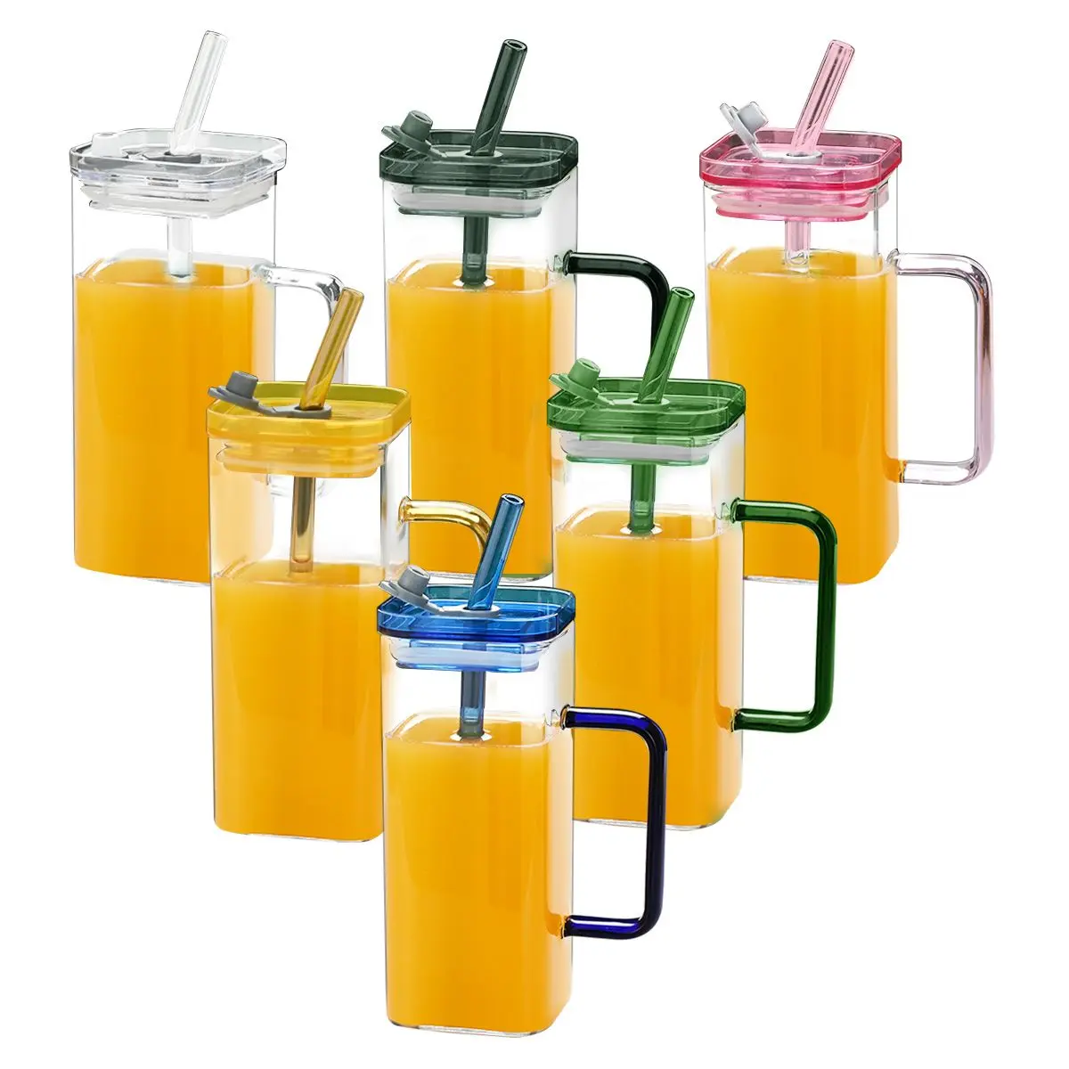 6-Piece High Borosilicate Glass Straw Cups - 6-Color Square Cups With Lids, Multi-Use Drinkware for Cold Drinks, Coffee, Gifting
