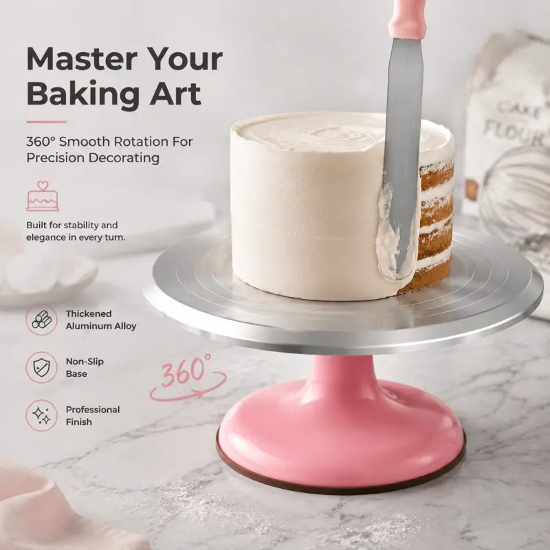 360 Rotating Aluminum Alloy Cake Turntable with Pink Base, Non-Slip Decorating Stand for Precision Icing & Baking, Cake Decorating Tools