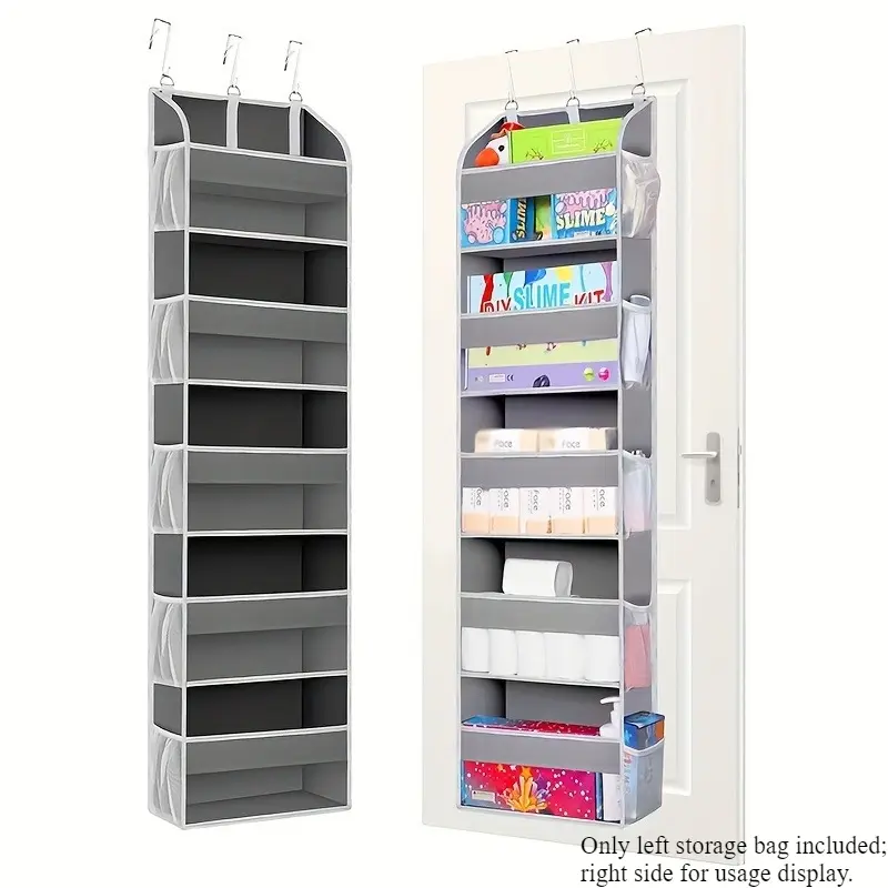 Over-the-door hanging storage organizer, multi-functional storage bag with 5 pockets and 10 mesh pockets. The door-hung storage bag features transparent windows, ideal for storing household supplies, toys, shoes and other items at home.