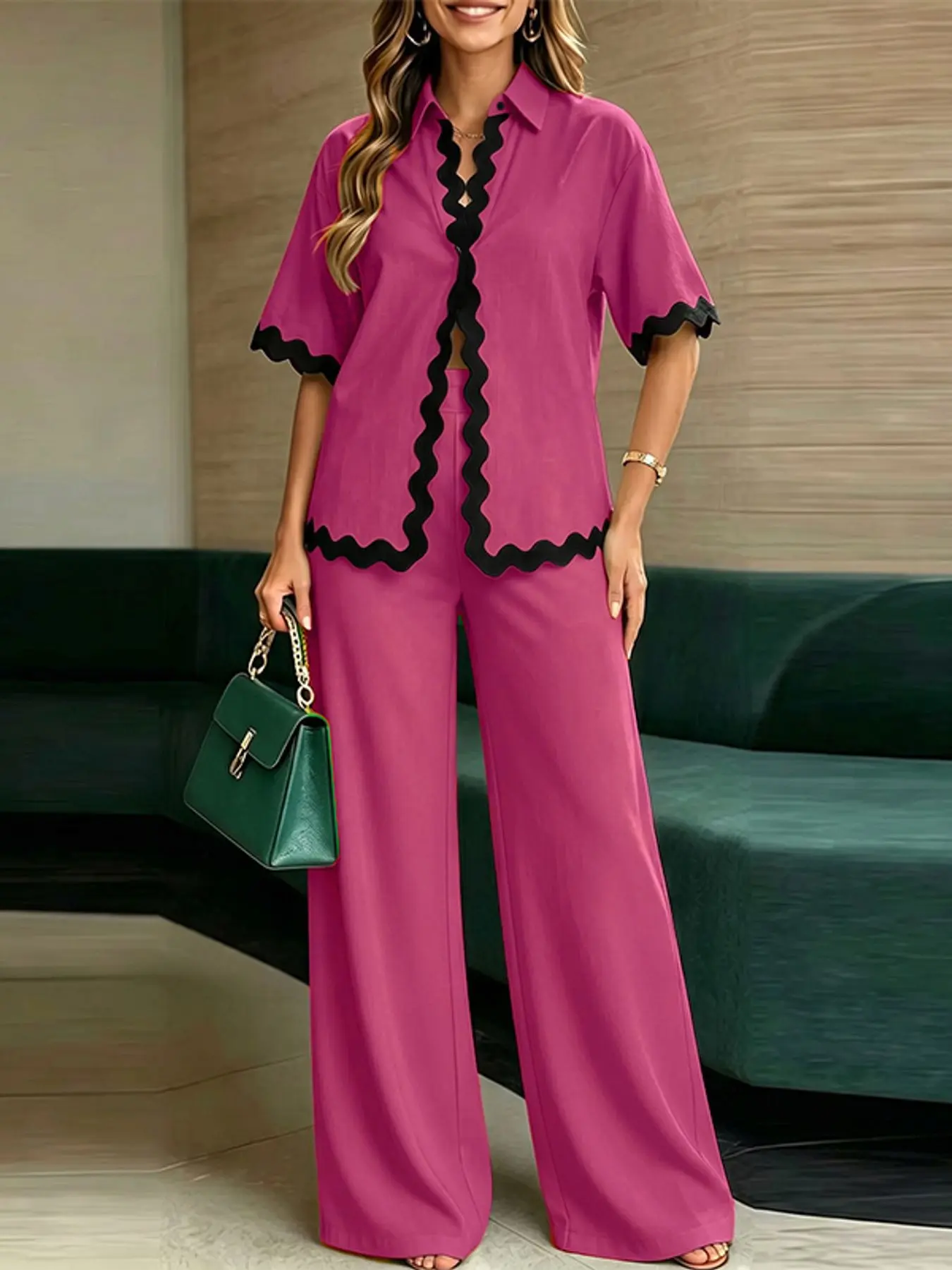 ZANZEA Women's H-Type Collar Button Blouse and Wide Leg Pants Set, Wave Edge Design, Colorblock, Casual Elegant Two-Piece, Clothes