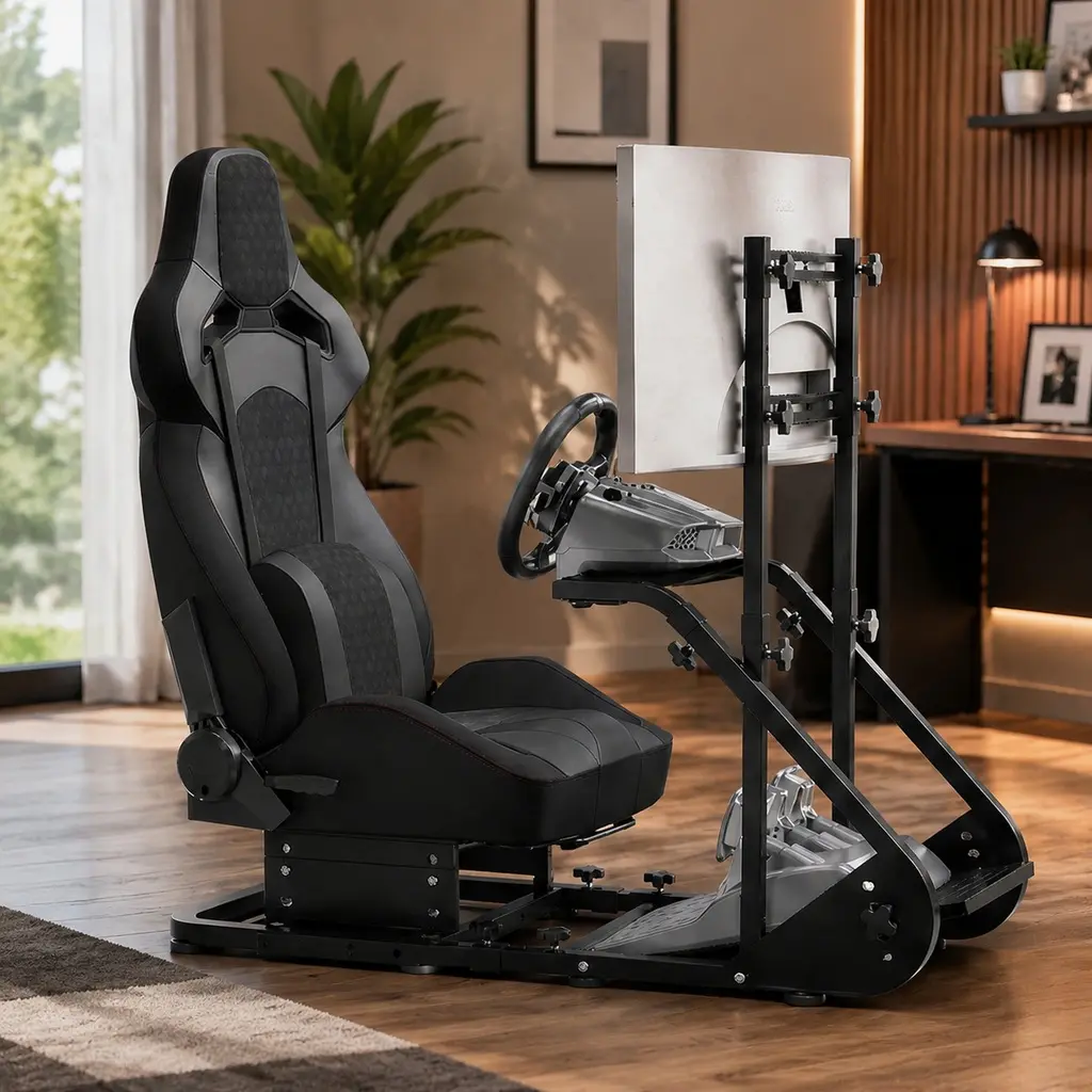 Racing Wheel Cockpit Simulator Stand for Fanatec Thrustmaster Logitech Moza PS5 Xbox PC, Adjustable Driving Seat Frame with Reinforced Steel, Black Iron Cockpit for Sim Racing Games