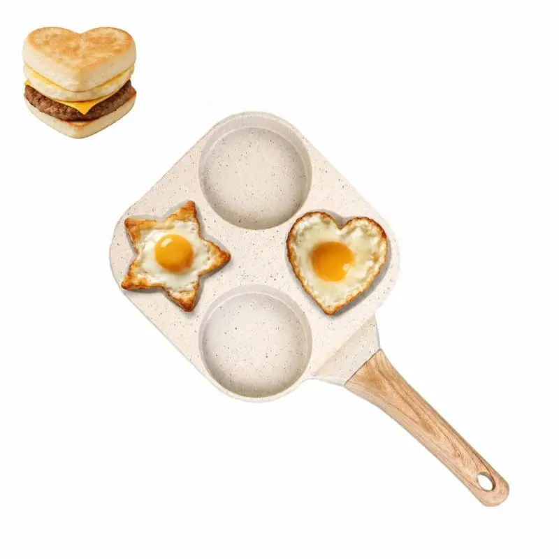 4-in-1 Nonstick Egg Cookware Pan with Wooden Handle - Star & Heart Shape Fried Egg Mold Skillet, Universal Compatibility for Breakfast Sandwich Making Cookware