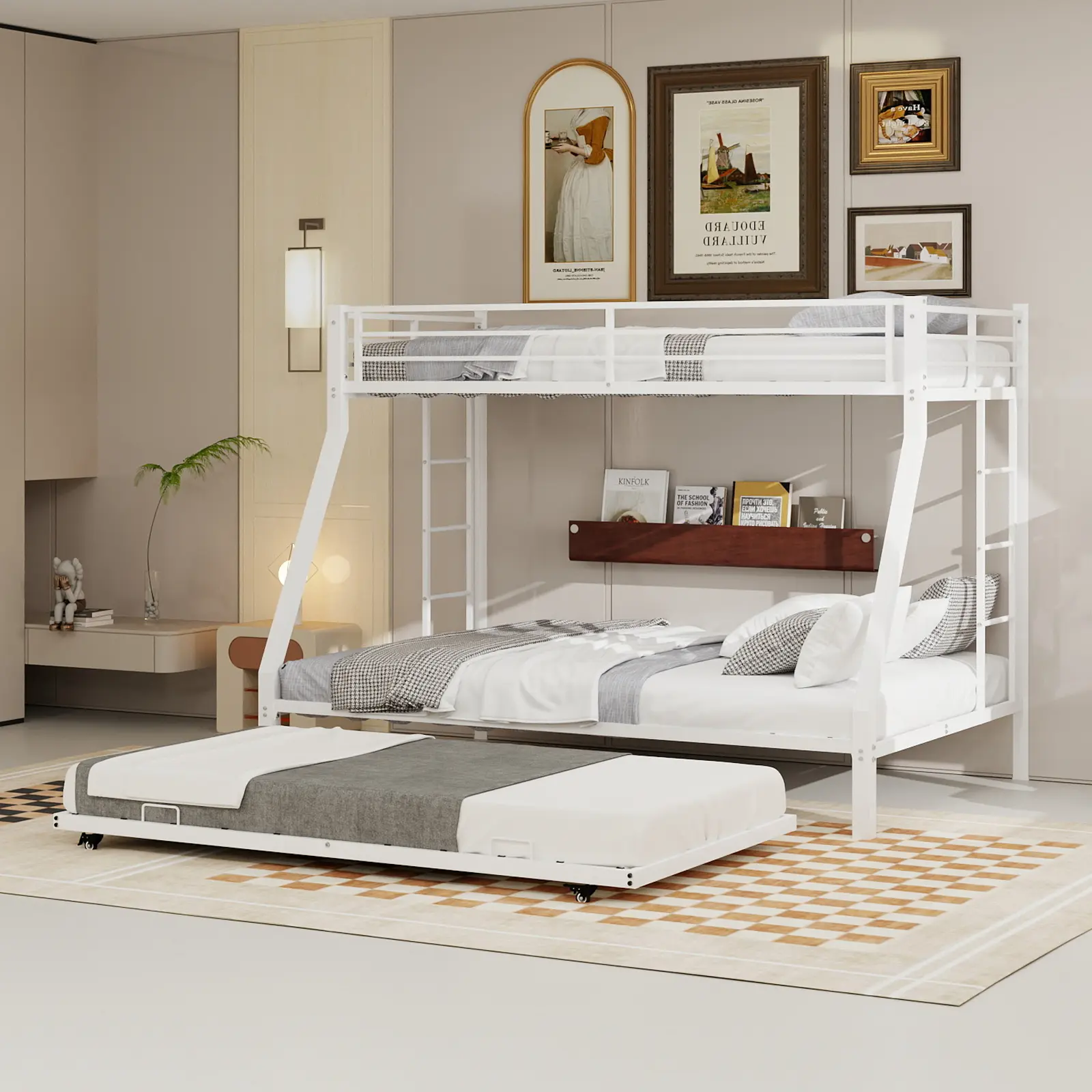 ARCH Metal Triple Bunk Bed Twin XL Over Queen with Pull Out Twin Trundle White Steel Frame Space Saving for Large Families Guest Rooms Kids Bedroom Dormitory Furniture, Bedroom Furniture for Bedroom, Guest Room, Kids Room, Teen Room