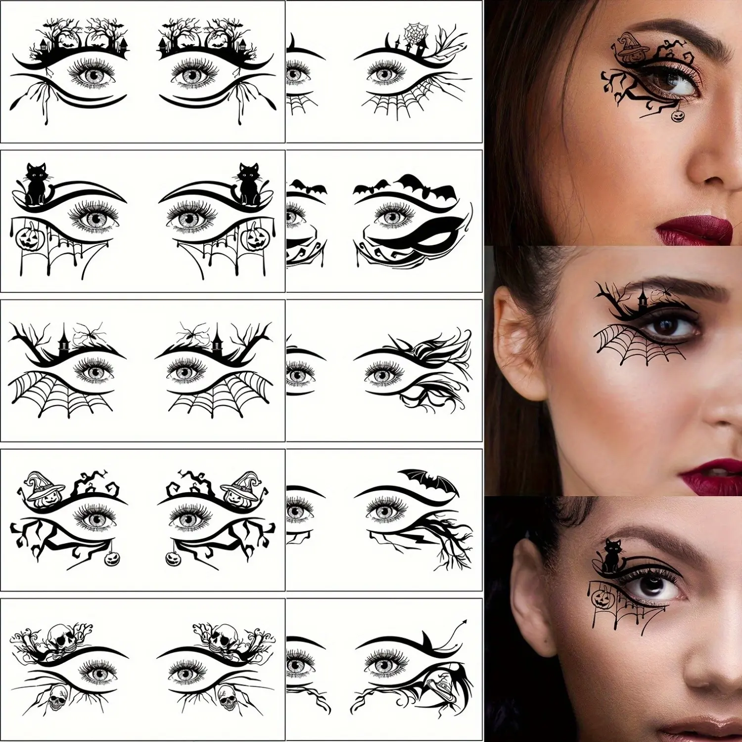 10 Halloween Eye Tattoo Stickers, Skull Pumpkin Cat Bat Spider Web Patterns, Fun Face Makeup Temporary Tattoos for Halloween Party