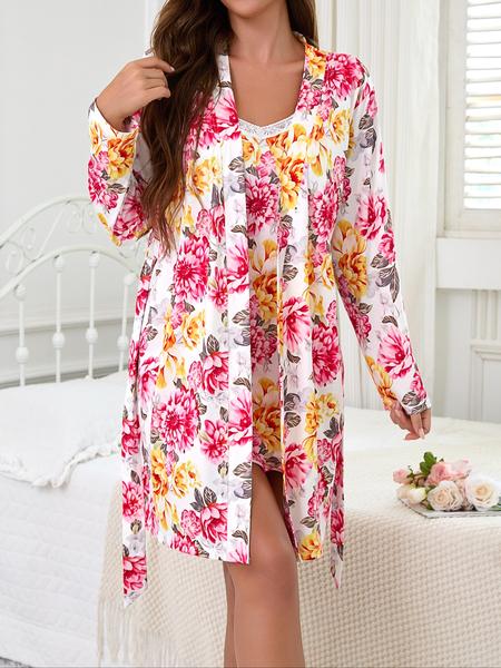Sweet Floral Print Women's Long Sleeve Robe + Cami Dress Set, Elegant Comfortable Sleepwear Suit, Casual Home Wear, Spring & Fall Fashion