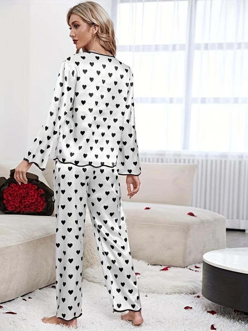Two-Piece Set Women's Satin Heart Print Button Front Blouse & Elastic Waist Pants Pajama Set, Printed Blouse & Contrast Binding Trousers Pj Set, Fashion Long Sleeve Womenswear, Ladies Homewear Loungewear