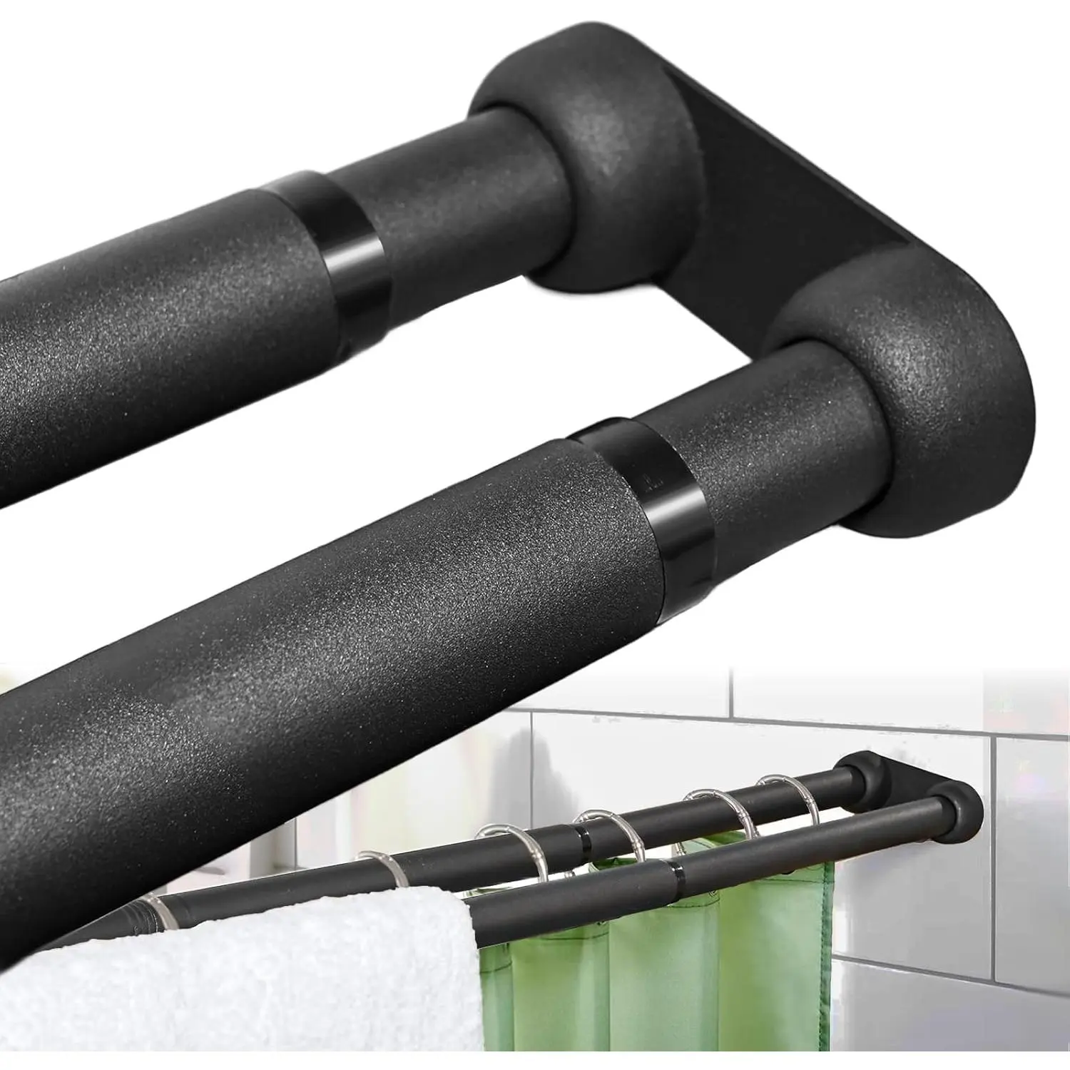 Double Shower Curtain Rod 27 to 62 Inches,Elegant Wall Mounted Double Shower Rods, Black Adjustable Curtain Pole for Bathroom,Laundry,Room Divider,Kitchen