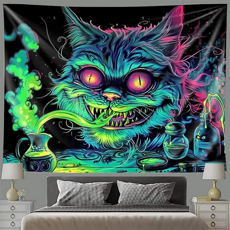 A Tapestry Featuring a Black Cat of Dark Evil,Set in a Dark Laboratory with Green Smoke, Perfect for Decorating Bedrooms, Dorms, And Living Rooms
