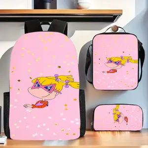 Naughty Little Soldier Angelica's avatar-themed glitter diamond foundation three-piece school bag set, including a backpack, insulated lunch bag, and stationery storage bag, for daily use by teenagers