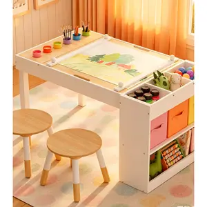 Multifunctional Kids Art Table & Chairs Set Toddler Painting Table and Chair Set Convertible Play Desk with Storage for Kids White