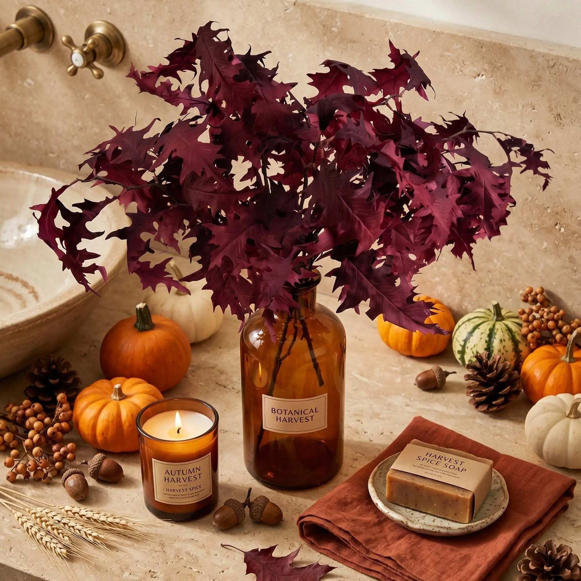 5-Pack Artificial Fall Oak Leaf Bouquet Decor, Silk Fall Floral Arrangement, Faux Autumn Leaves, Suitable for Indoor Home, Office, Wedding, Table Centerpiece Decoration, and Autumn Atmosphere Decor.
