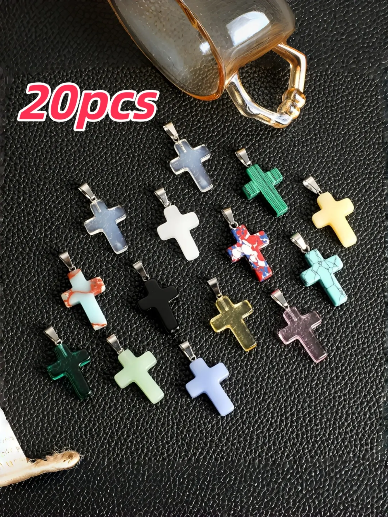 20pcs Cross Natural Crystal Pendants, Random Colors, Healing Stone Charms, DIY Jewelry Accessories, Necklace Bracelet Supplies, Unique Healing Decor