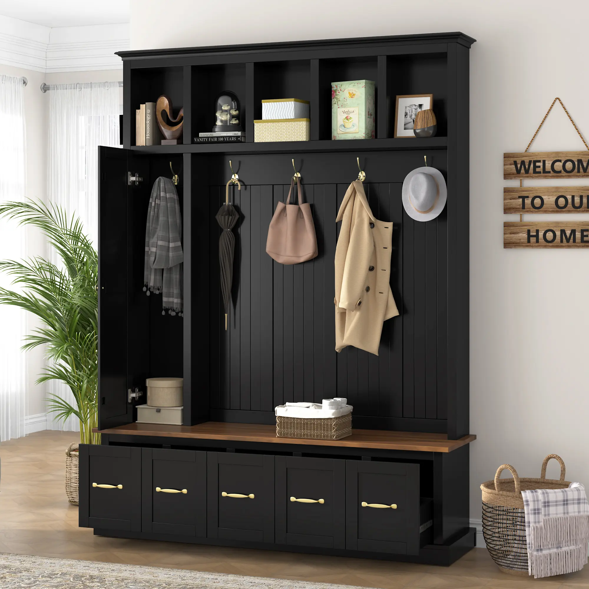 ARCH Entryway Hall Tree with Coat Hooks, Shoe Bench, and Drawer Storage Cabinet, Antique Black Particle Board and MDF Organizer for Foyer, Mudroom, and Hallway, All-in-One Drop Zone Solution with Cubbies and Gold Hardware, Antique Black Color Options