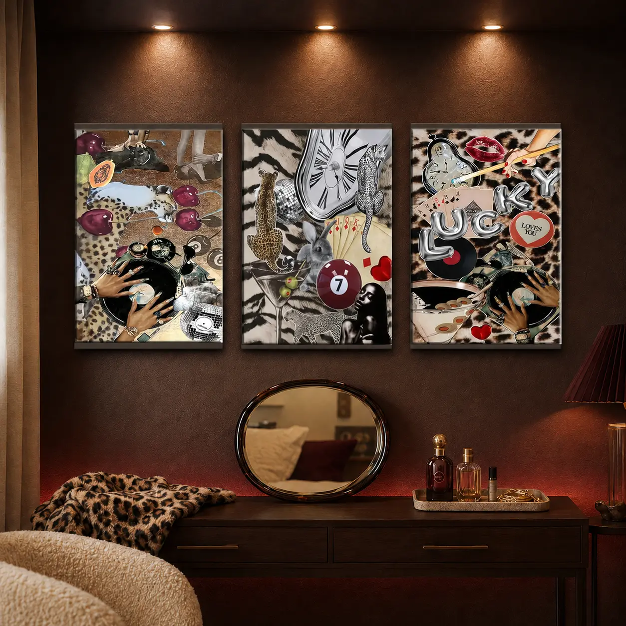 Framed Leopard Canvas Wall Art  - Funky Black Girl Cheetah, Lucky You Posters with Abstract Face Design, Y2K Preppy Eclectic Aesthetic Decor for Bedroom, Beauty Salon, Bold Feminine Gallery Prints Gift for Her