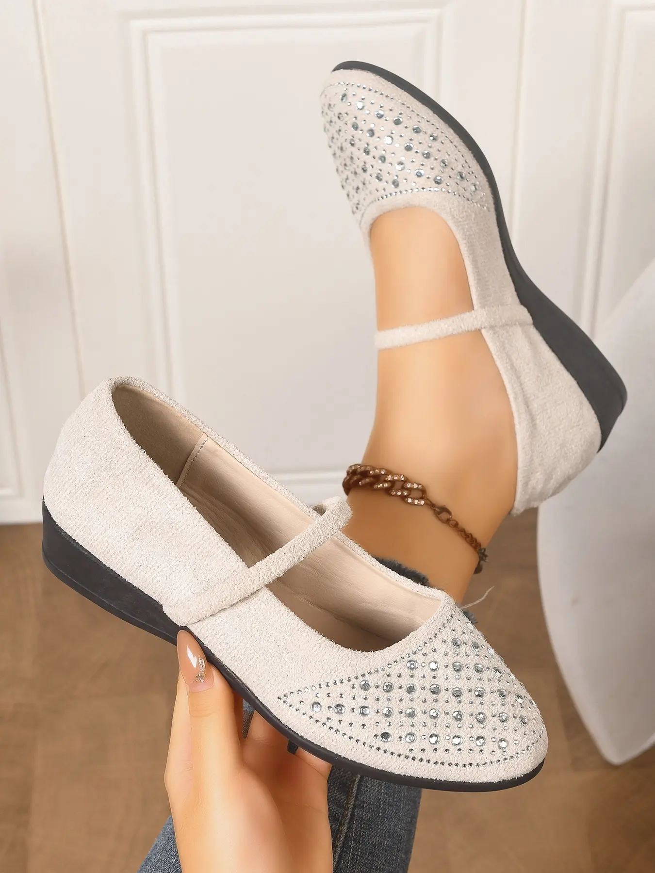 1 Pair Women's  Suede Rhinestone Mary Jane Wedge Shoes, Elegant Comfort One-Strap Soft Sole Footwear, Versatile All-Day Wear Shallow Shoes for Commute & Shopping