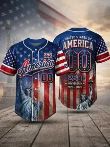 Men's American Patriotic 250th Anniversary Baseball Jacket, Vintage Us History Gift, Loose-Fitting Sporty Style Active Lifestyle, All over Print