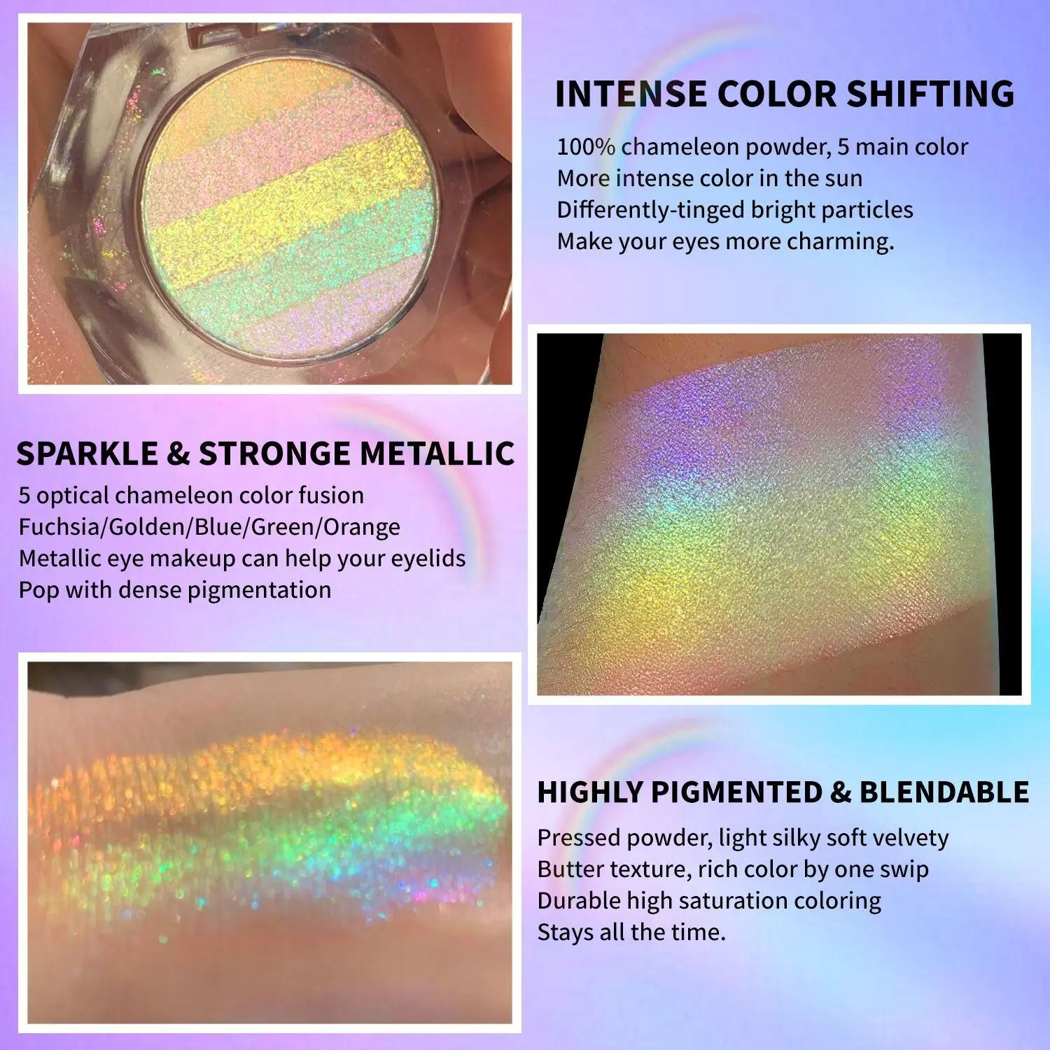 Holographic Rainbow Chameleon Eyeshadow, HANDAIYAN Multichrome Highlighter for Face Body Festival Makeup