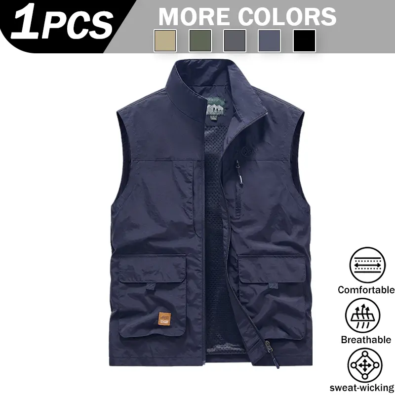 Spring Autumn Men's Outdoor Sleeveless Waistcoat, Stand Collar Multi Cargo Pocket Zip Vest With Breathable Mesh Inner, Loose Casual Travel Fishing Daily Street Outerwear