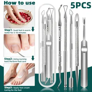 Five piece set of professional hand and foot care nail tools, stainless steel dead skin pushing fork set for removing dead skin, backstabbing, trimming nail edges, nail art, adhesive removal, pre-treatment, hand and foot repair tools