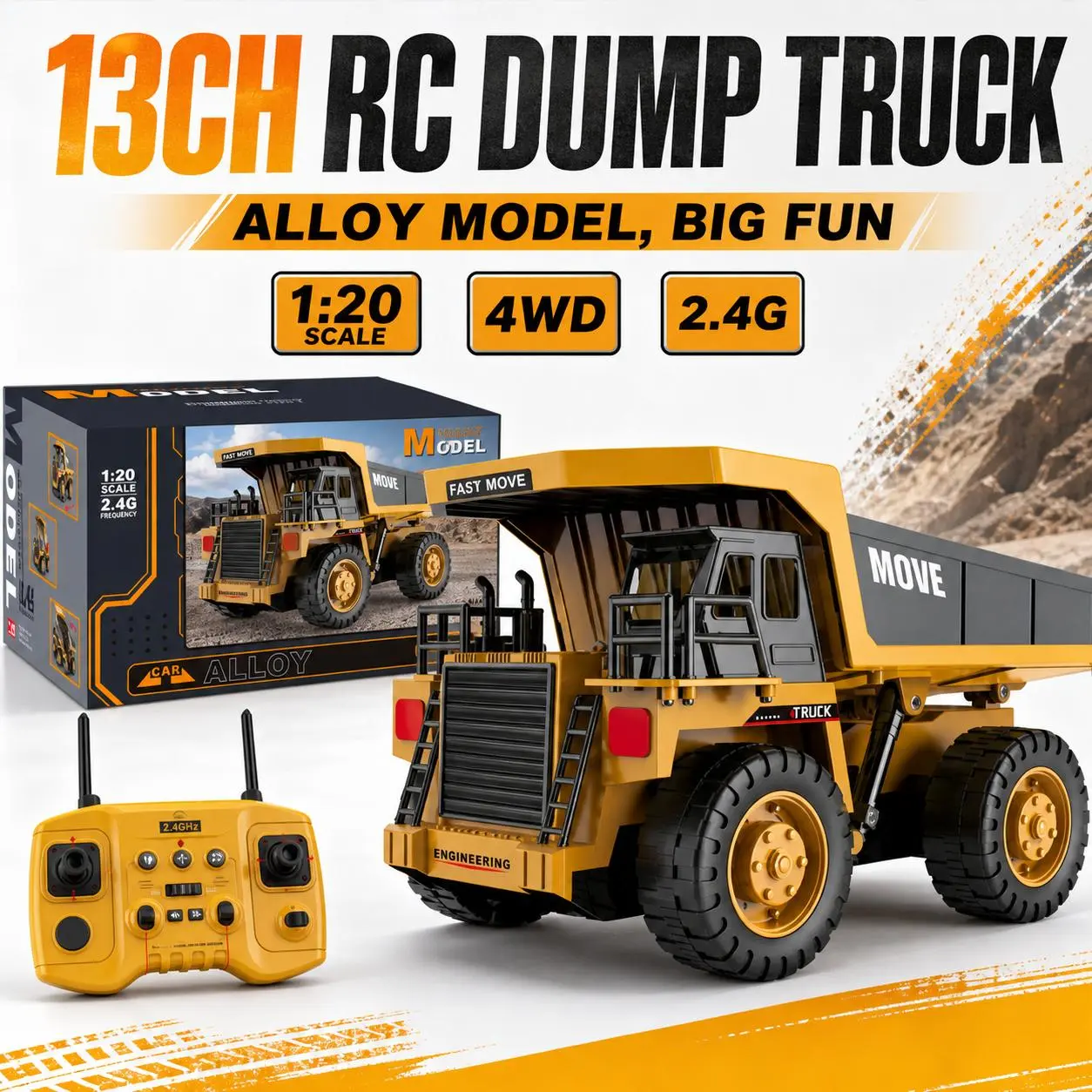 13CH RC Alloy Dump Truck Toy - 1:20 Scale 4WD 4wd Design Construction Vehicle with Lift & Dump Function, 2.4GHz Smooth Control, Lights, Rechargeable Battery, Decoration & Transportation Gift for Kids