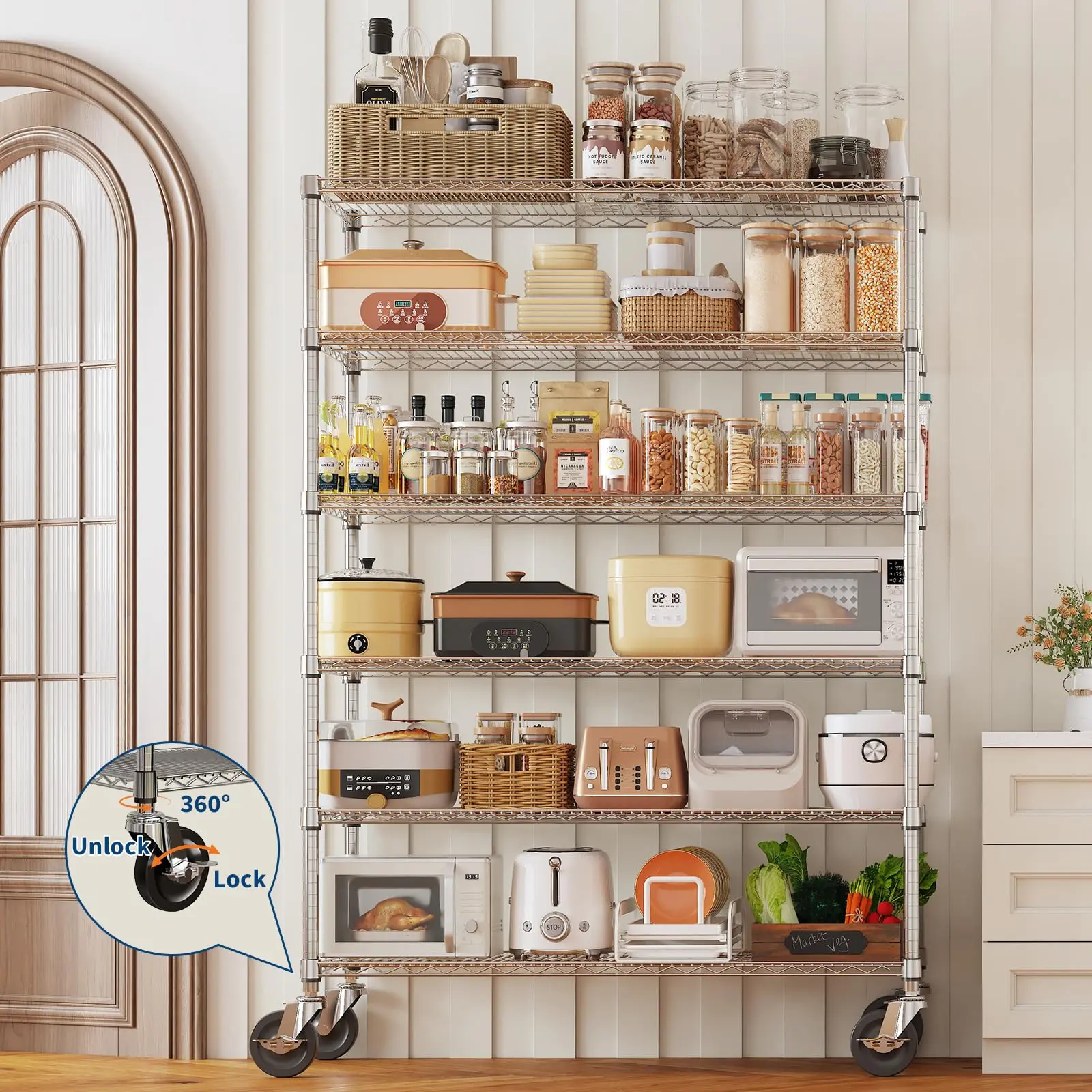 Heavy Duty Metal Wire Shelving Unit with Lockable 4" Wheels – Adjustable 4/6-Tier Chrome Storage Rack, 1760-2640lbs Capacity, Utility Organizer for Kitchen, Garage, Pantry, Commercial, 47"W x 18"D x 71"H