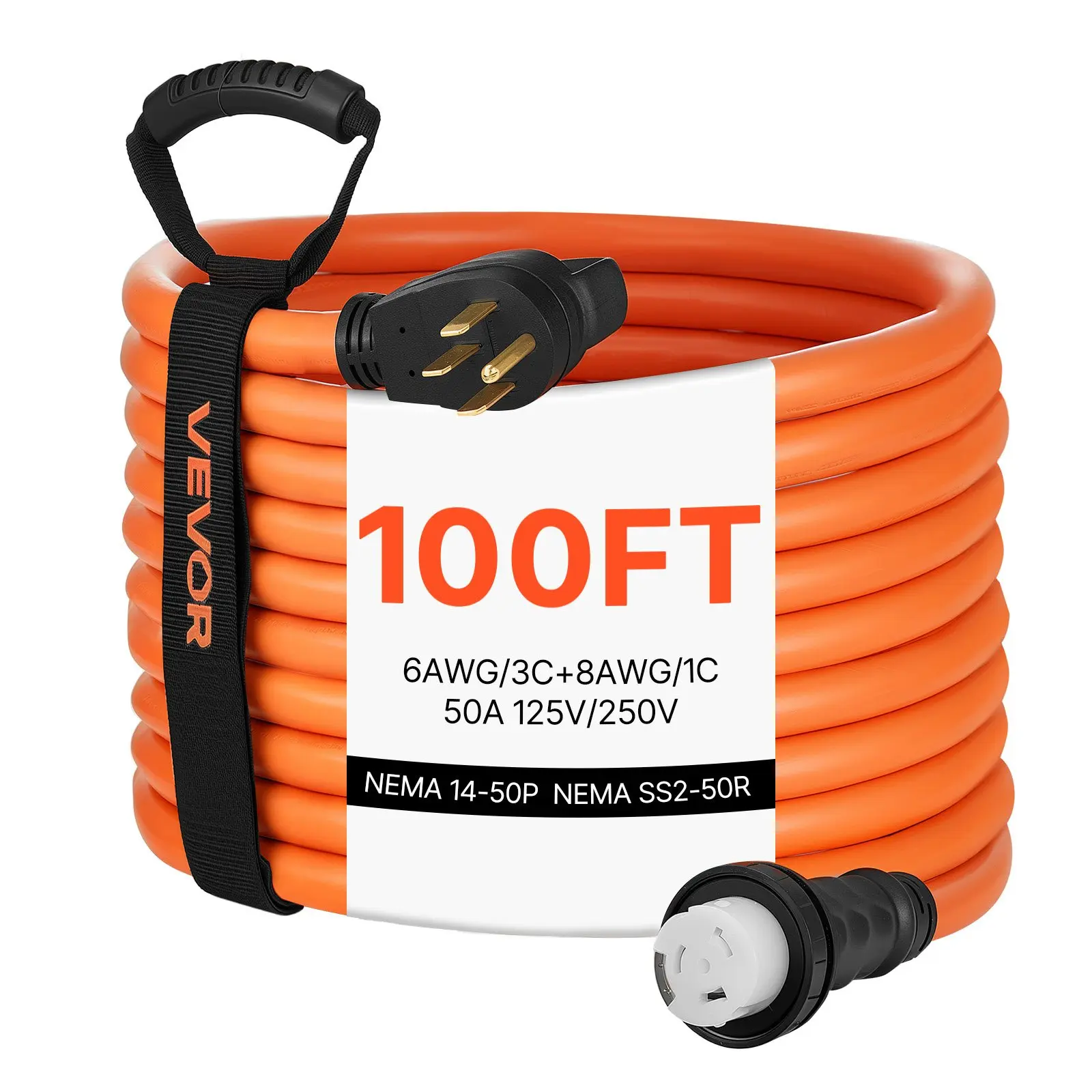 【toolupgrade】VEVOR 50 Amp Generator Cord, 100 Feet, 125/250V RV Power Cord NEMA 14-50P to SS2-50R with Twist Lock, Grip Handle, Heavy Duty 6AWG/3+ 8AWG/1 Generator Cable, for RV Camper Generator to House, Orange