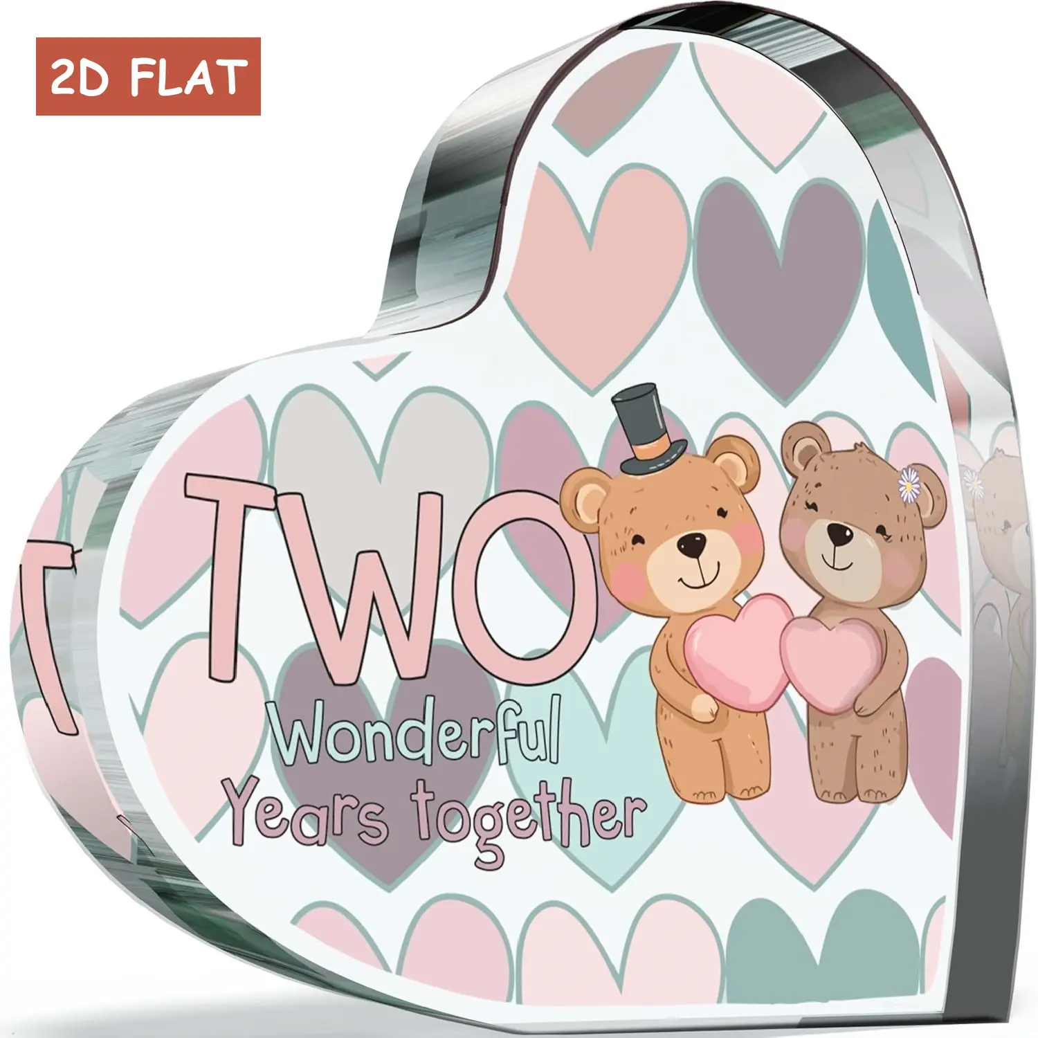 2nd Anniversary Plaque Gifts for Wife Husband - 2 Wonderful Years - I Love You Romantic Acrylic Heart Gift For Women Men,  Cute Teddy Bears Present For Couples Second Anniversaries