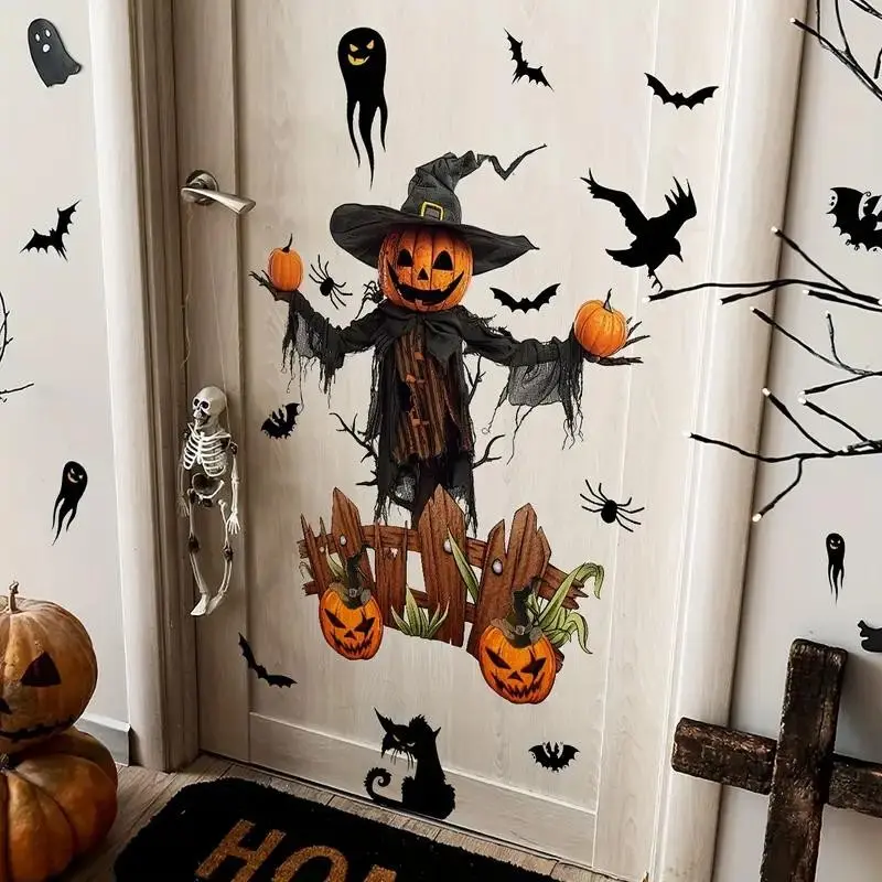 Halloween Pumpkin Strawman Bat Ghost Wall Stickers, Modern Style PVC Self-Adhesive Horror Theme Decals, Reusable Irregular Shapes, Home Decor