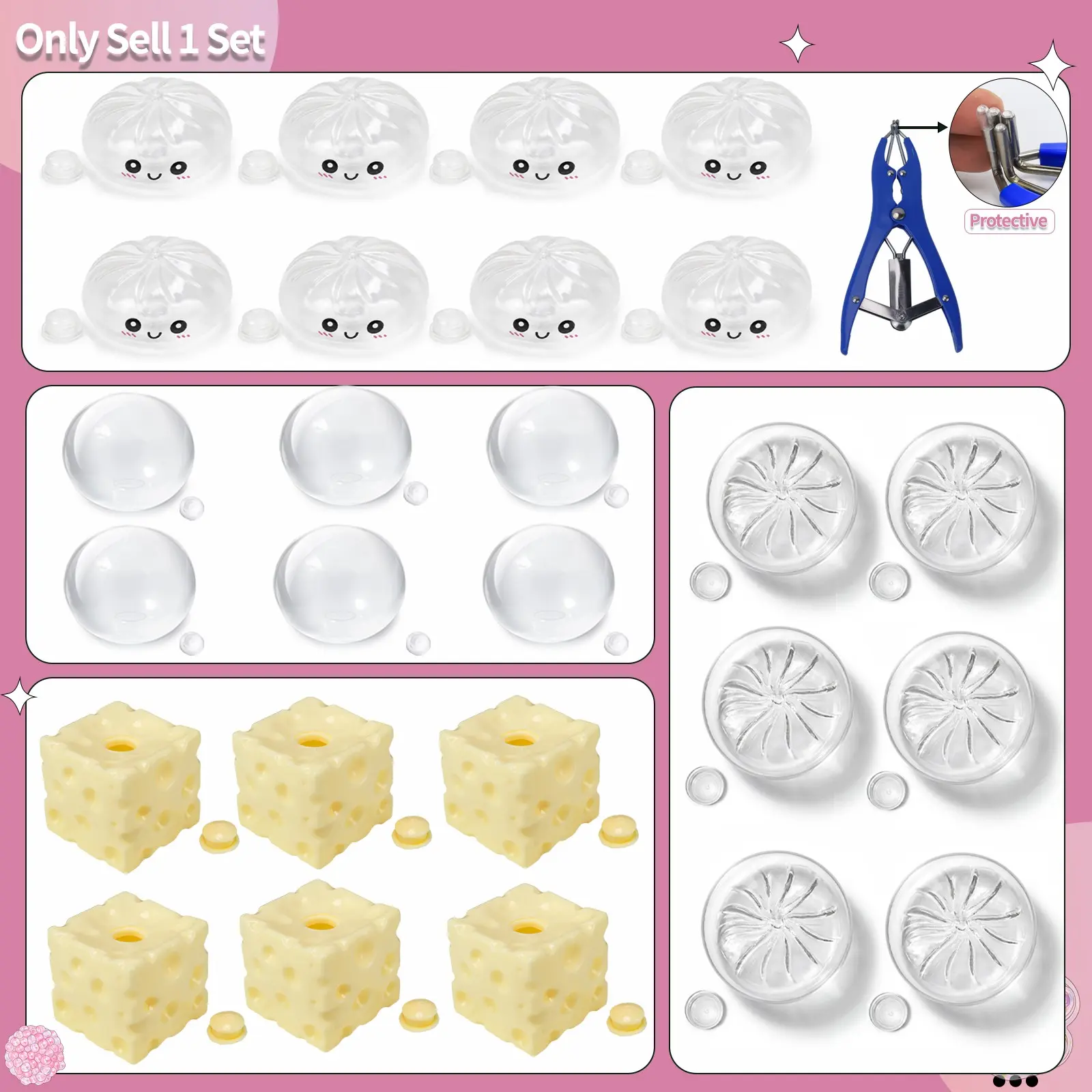 6/8pcs DIY Handmade Stress Relief Ball Kit, Four Different Leather Skins(cheese skins, dumpling Skins, Smile dumpling, Circle ball skins), Includes Clamps and Plugs, No Beads Included