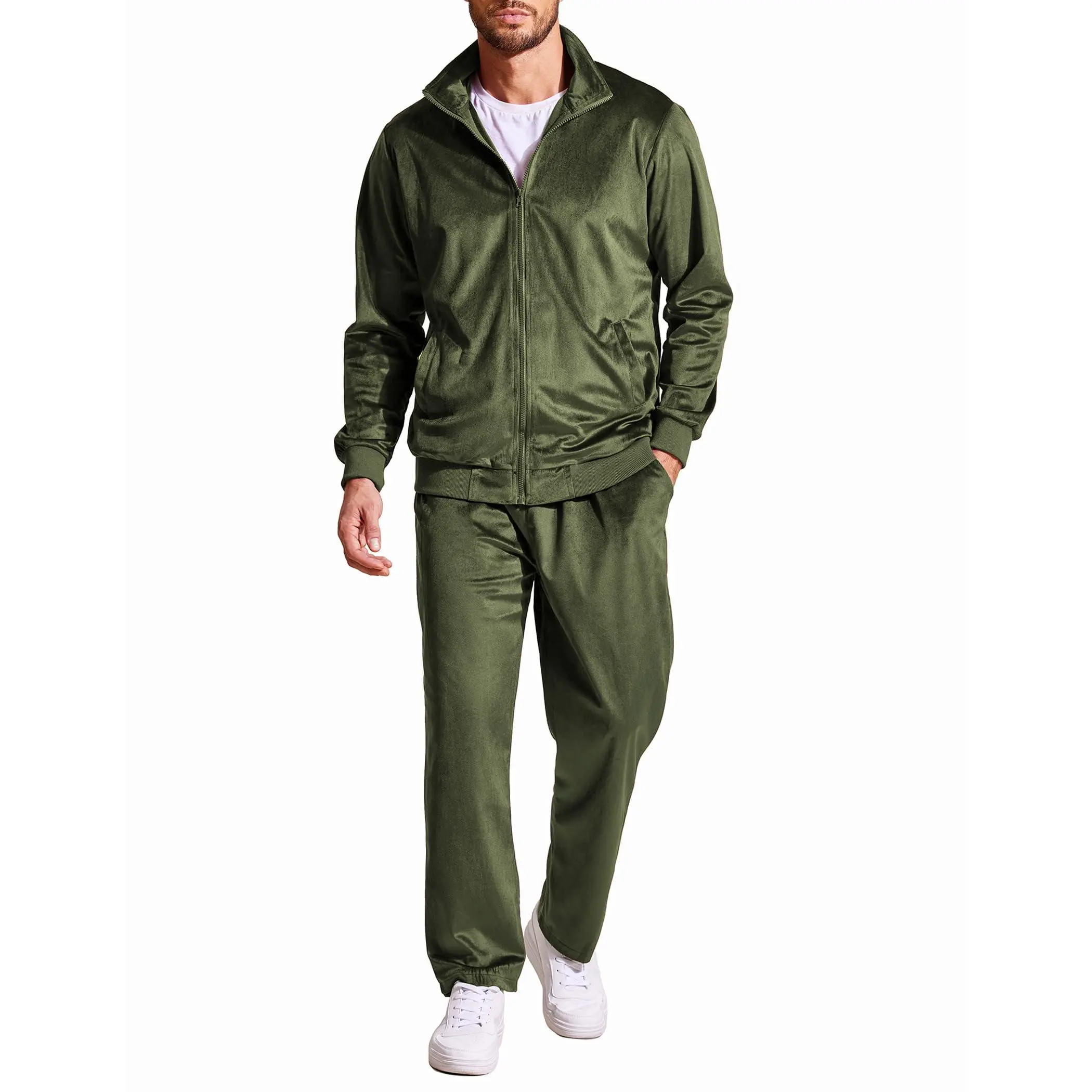 Mens 2 Piece Velour Tracksuit Full Zip Jackets Pants Velvet Jogging Suits Sweatsuit Set