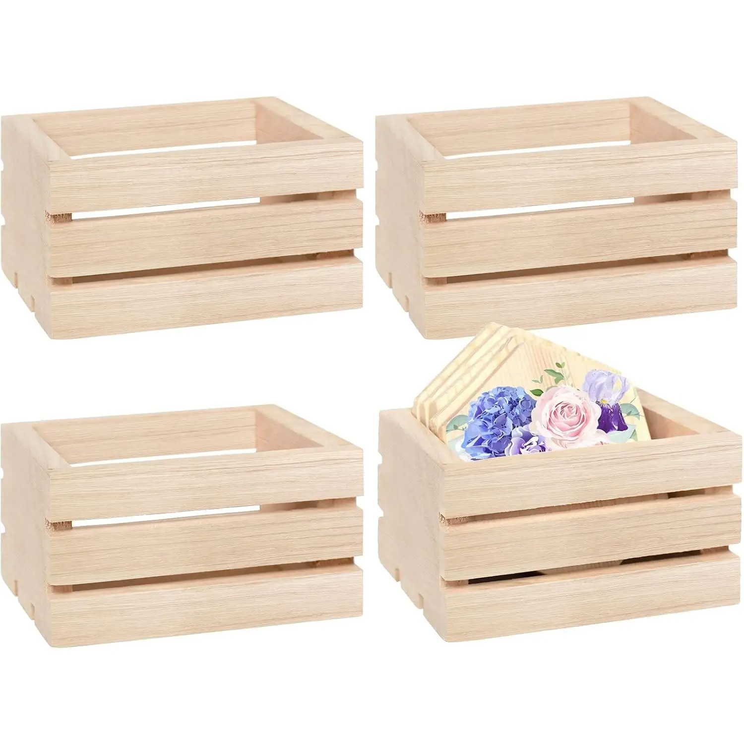 4 Pack Mini Rustic Wooden Crates, Decorative Wood Crates Unfinished Wood Box, Crate Box Wooden Storage Box for Kitchen, Office, Bedroom, Closet, Rustic Country Decor