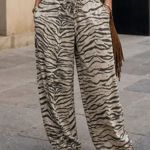 Animal Print Summer Women's Pants Vintage Lace Up Wide Leg Pants Woman Streetwear Drawstring Baggy Pants Casual Mid Waist Jogger Pants Vacation Palazzo Casual Comfy Trousers