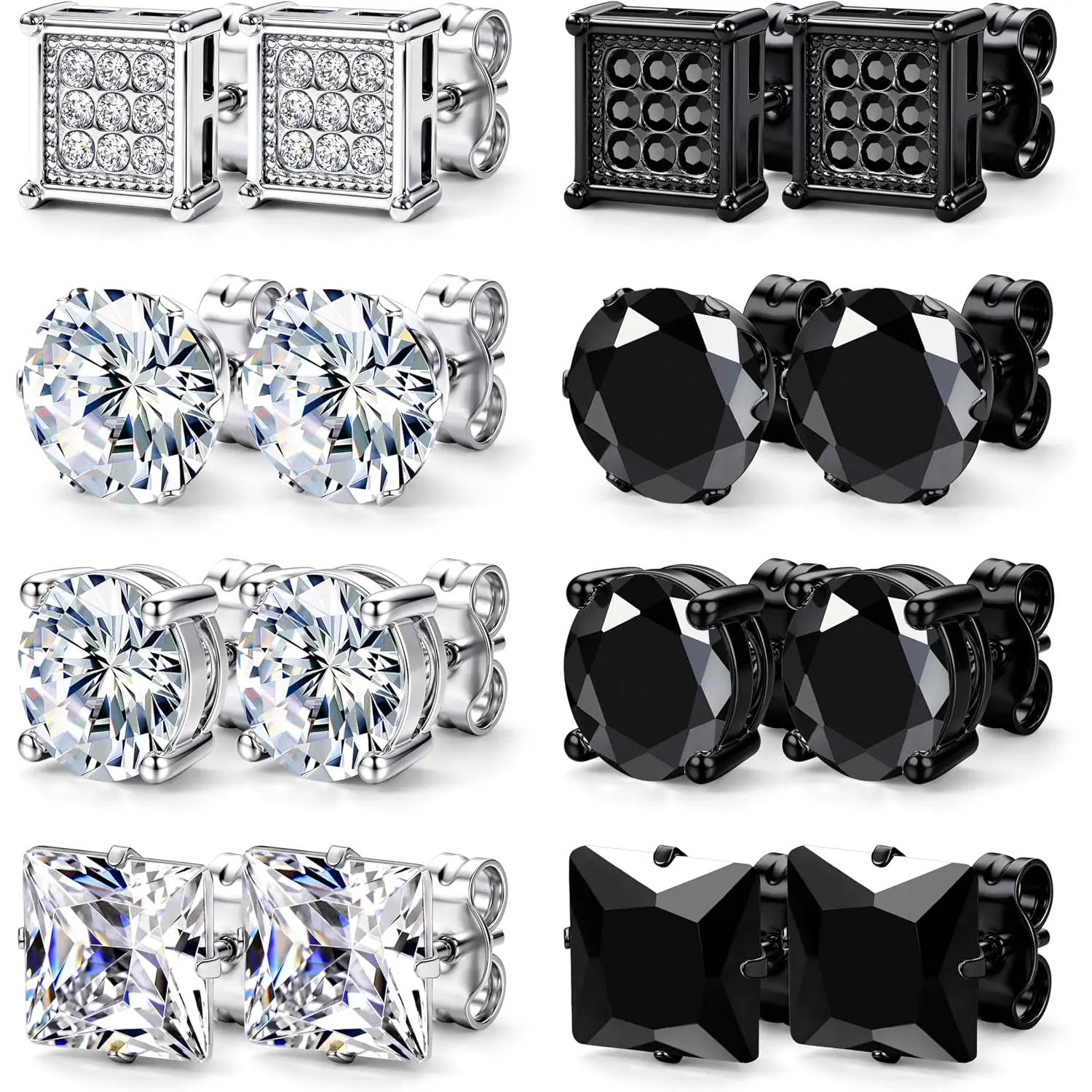 Unisex 4-Pair Hypoallergenic Black Surgical Stainless Steel Earrings Set - Square Cluster, Round/Princess Cut CZ Studs for Casual Daily Wear