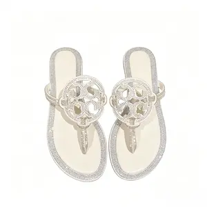 Rhinestone Circle Cutout Thong Sandals Women White Sparkly Crystal Flat Flip Flops Summer Beach Dressy Slide Sandals Party Casual Footwear