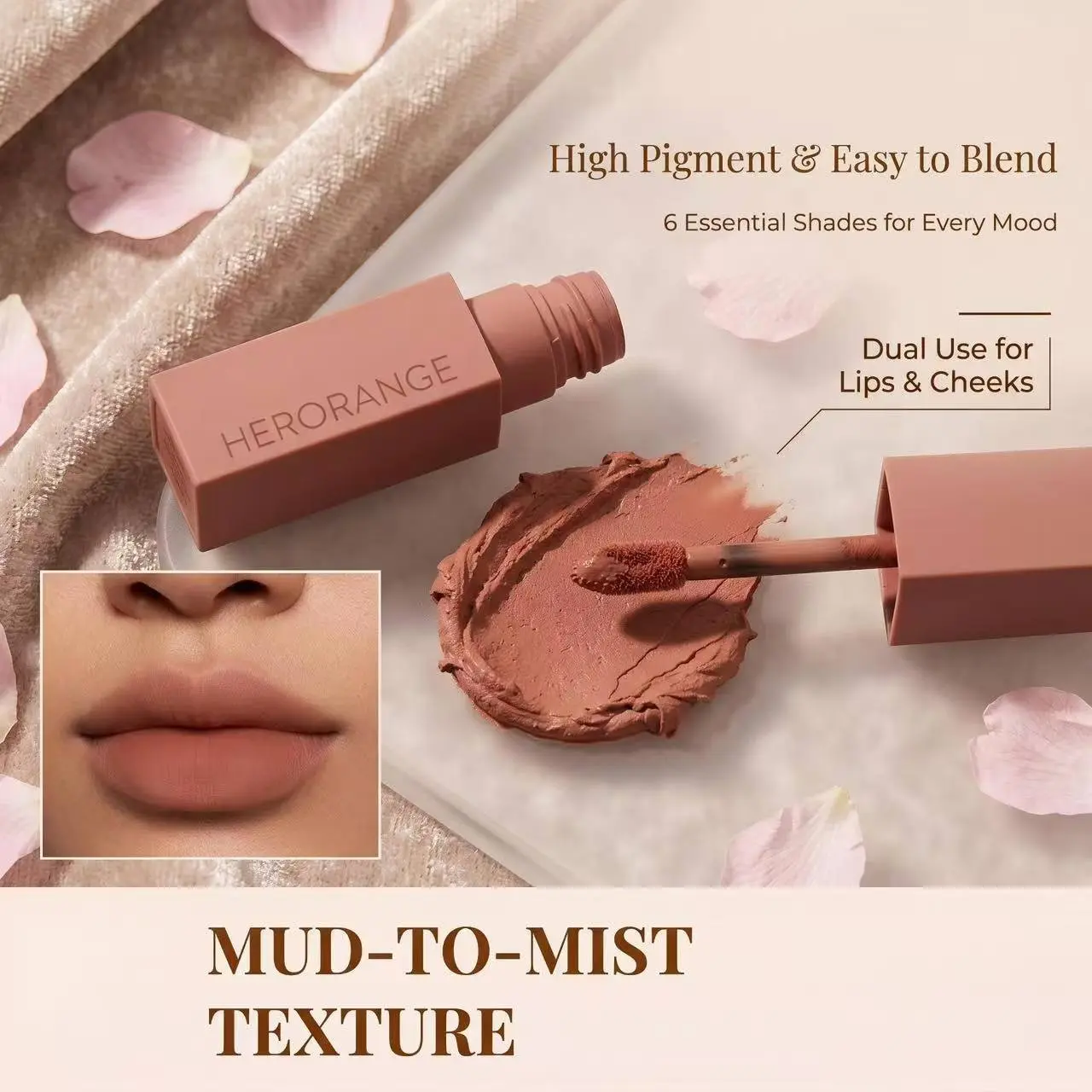 HERORANGE Mood Collection Matte Lip Mud comes with frosted square tube and fluffy applicator for precise application Six daily wearable shades fit school work and dating dual use for lips and cheeks to create matching makeup Airy misty velvet t, Cosmetic