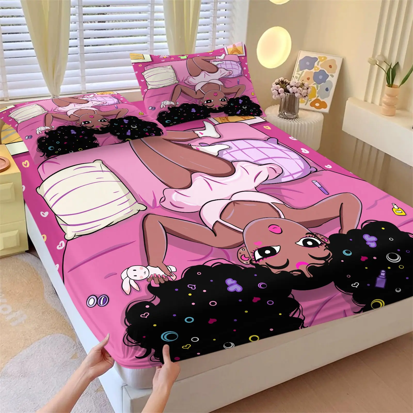 3PCS Pink Background Cartoon Black Curly Hair Girl Cupcake Fitted Sheet Set (1 Fitted Sheet + 2 Pillowcases, No Pillows Included),Soft Breathable Fabric,Home HD Digital Printing,Y2K Girly All Season Bedding,Sweet Girly Summer Vibes