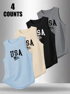 Men's 4-Pack Usa Flag Print Sleeveless Tank Tops, Casual Round Neck Sports Shirts, Ideal for Gym Training and Daily Wear