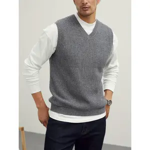 Menswear Stretch V Neck Sweater Vest Pullover Solid Color Sleeveless Preppy Style Black Collar for Fall Winter Nylon Fabric Beige Tops Casual Knit Wool