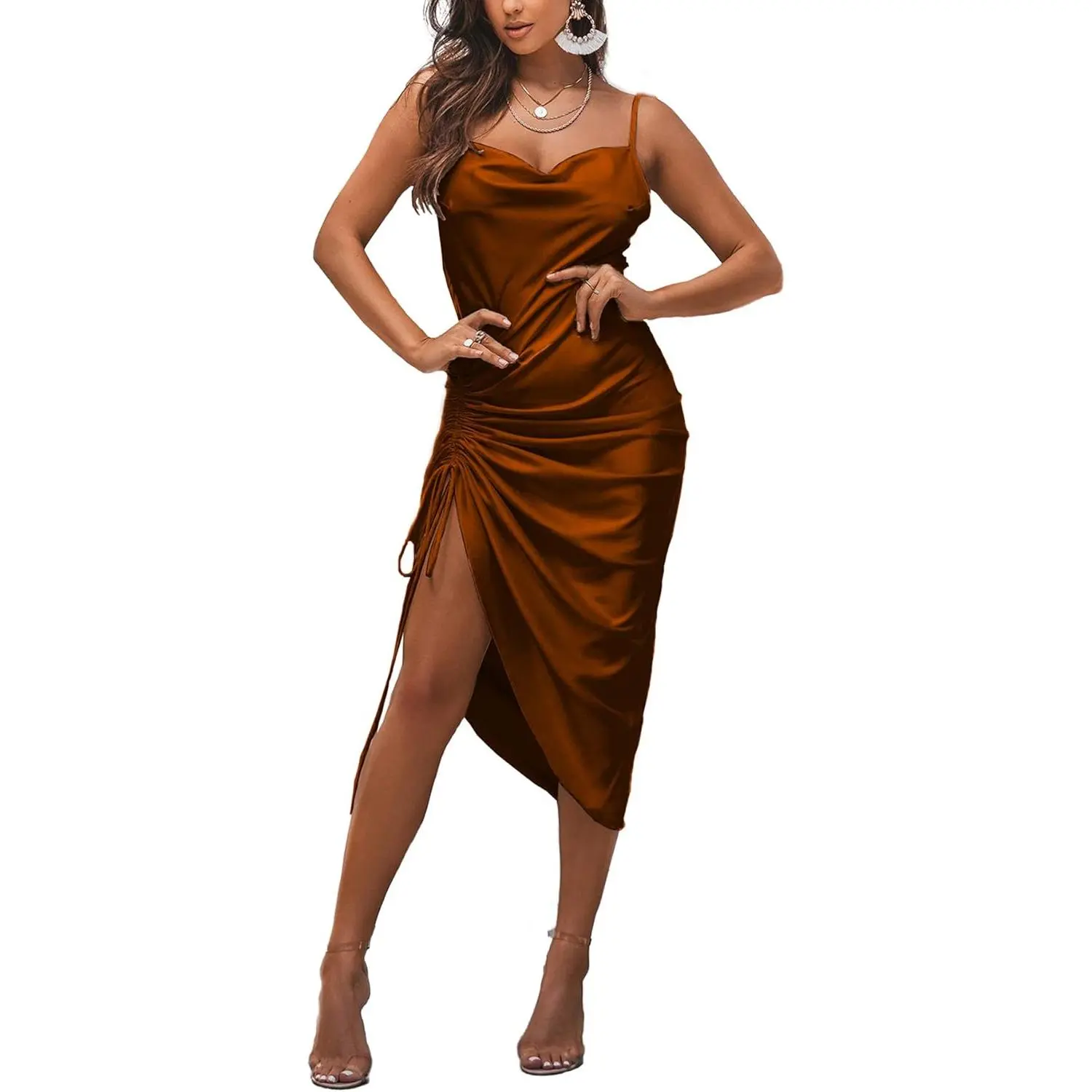 Women's Sleeveless Satin Cocktail Midi Dress - Spaghetti Straps, Cowl Neck, Ruch Design, Formal Wear, Sexy Look, Satin Fabric, Ruched Tie, Women's Clothes, Ruched Detail, Formal Dresses For Women, Cocktail Dress
