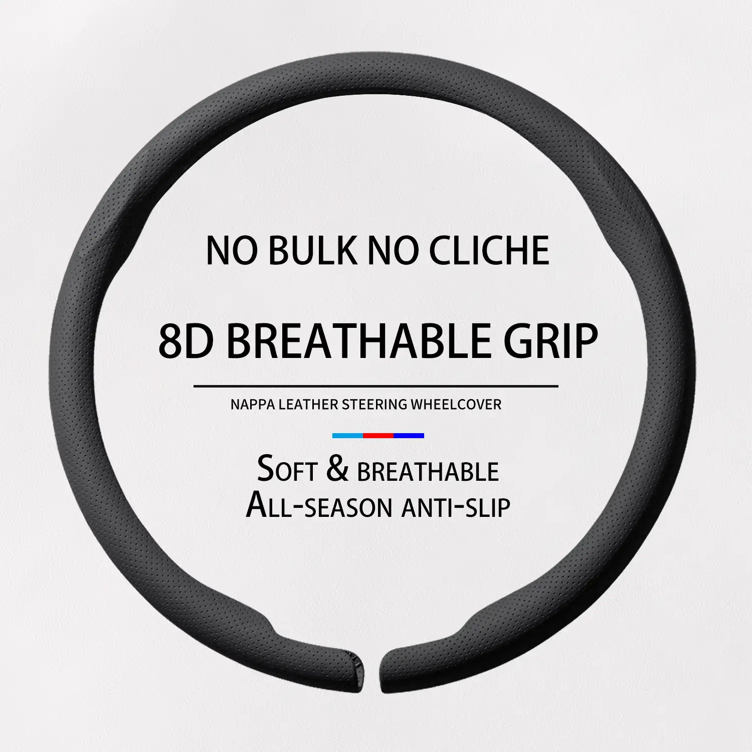 15 inches Universal Nappa Leather Steering Wheel Cover, 8D Breathable Ultra-Thin Anti-Slip Soft Grip, Heat/Cold Res. All-Season Automotive Interior Accessory & Car Interior Decor, Universal Fit for Men, Cold Resistant