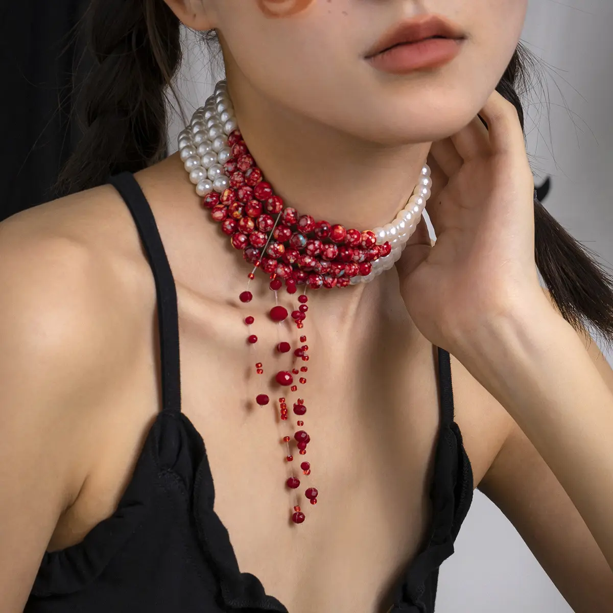 Women's Gothic Blood Drop Choker - Beaded Tassel Necklace with Artificial Pearls for Halloween, Sweet Cool Style Female Costume Jewelry, Artificial Pearl, Beads