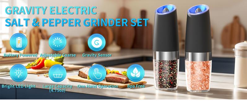 2pcs Gravity-sensing Electric Salt And Pepper Grinder Set, Battery-powered LED Light, One-hand Operation,Local Warehouse, Adjustable Coarseness Grinder, Black Kitchen Gadget, (Grinders Only, No Salt or Pepper Included)
