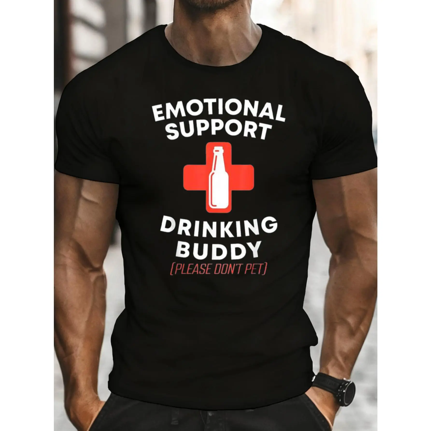 Casual, Men's T-Shirt, Emotional Support Drinking Buddy With Bottle And Cross Design, Everyday Wear, Gift For Friends