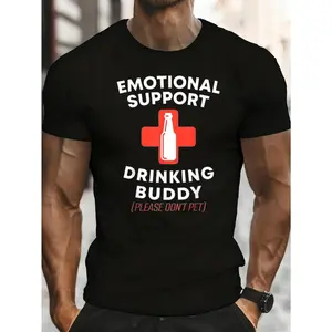 Casual, Men's T-Shirt, Emotional Support Drinking Buddy With Bottle And Cross Design, Everyday Wear, Gift For Friends
