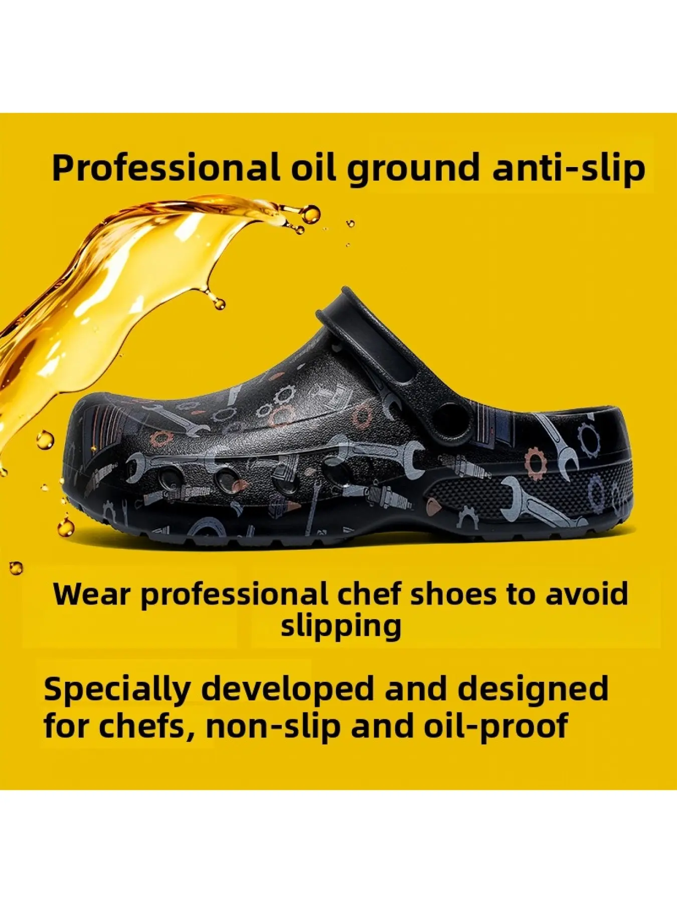 Men's Mechanic Gear Print Clogs Breathable Non-Slip EVA Work Garden Slip On Mules printed clogs, work safety mules, perforated outdoor slippers, waterproof garden shoes