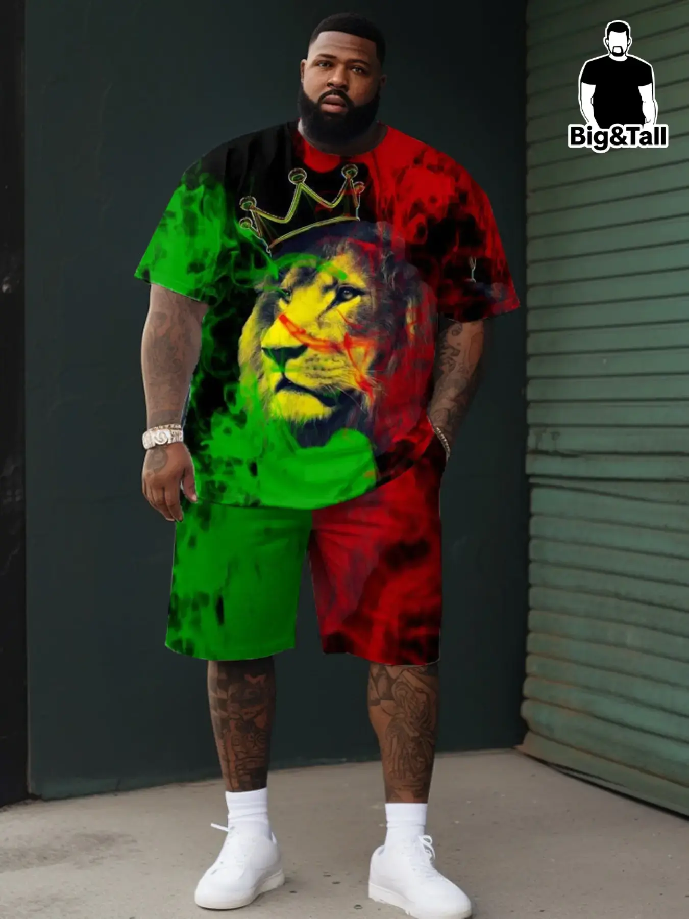 Men's Two-Piece Plus Size Short Sleeve Set, Top, Breathable, American Street Style, Casual, Crown Lion Print, Summer Vacation Daily Wear