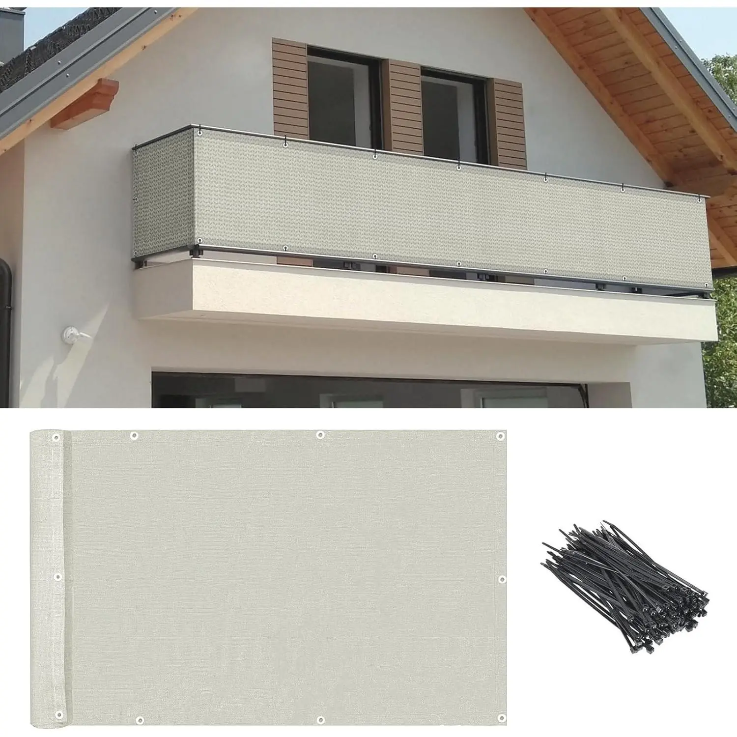 3'x10' Beige Balcony Privacy Screen with Ties – Heavy Duty HDPE UV Resistant Windproof Fence Cover for Deck, Patio, Porch & Outdoor Railing
