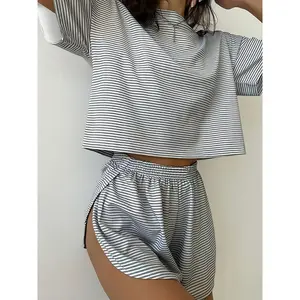 Gray-White Striped Short Sleeve And Shorts 2pcs Set