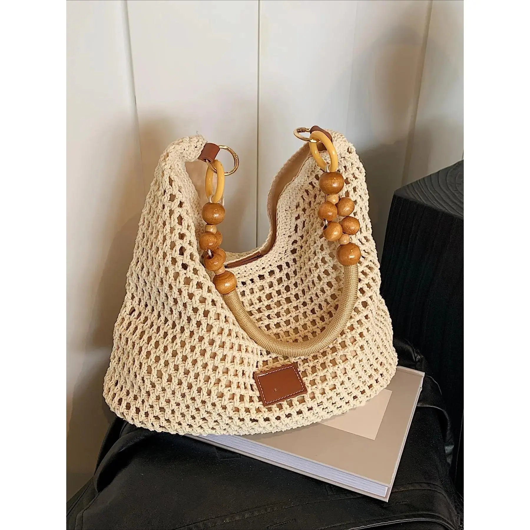 Women's Casual Boho Handmade Crochet Crossbody Bag - Natural Woven Purse with Wooden Bead, Plastic & Stainless Steel Accents, Lightweight Shoulder Option for Travel, Shopping